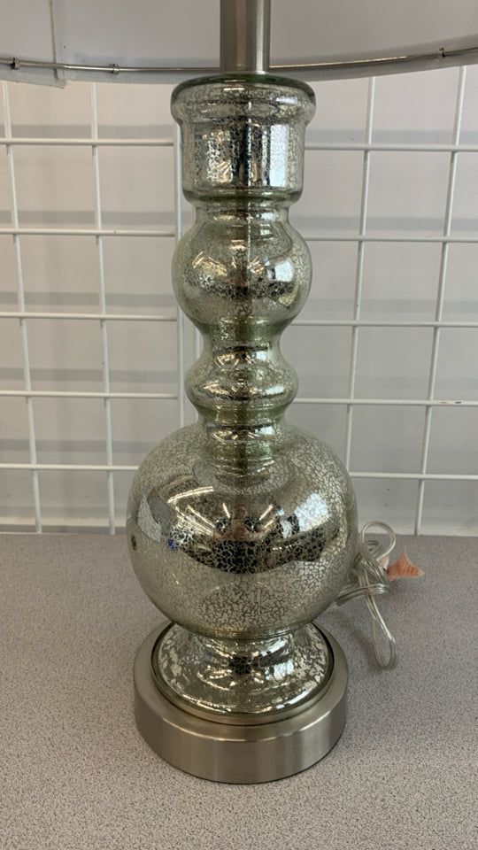 MERCURY GLASS BASE TOUCH LAMP W/WHITE SHADE.