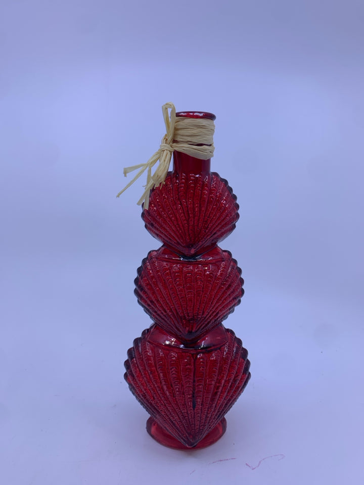 RED GLASS 3 STACKED SEA SHELLS EMPTY BOTTLE/ VASE.