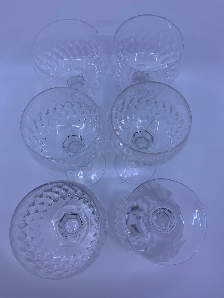 6 CUT GLASS BULB WINE GLASSES.