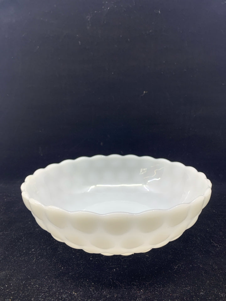 MILK GLASS BOWL W/ EMBOSSED CIRCLE PATTERN.