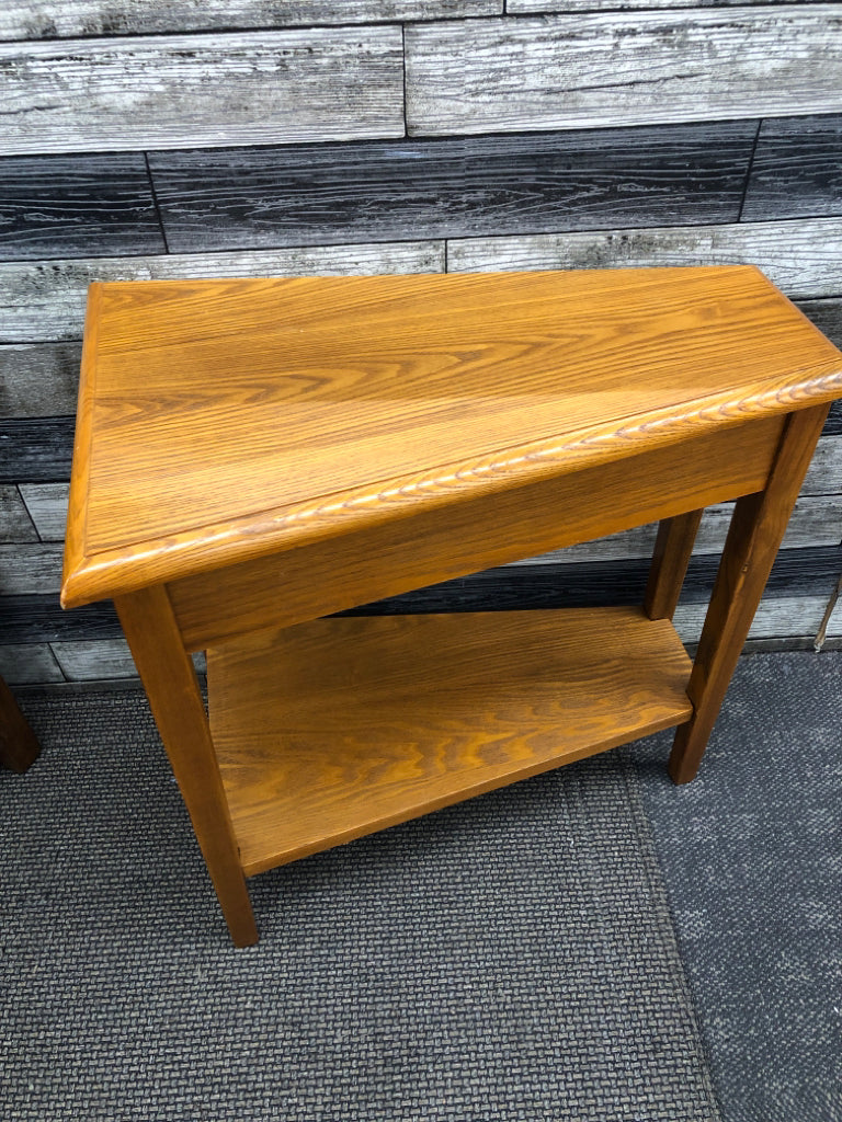 NARROW ANGLED WOOD END TABLE W/LOWER SHELF.