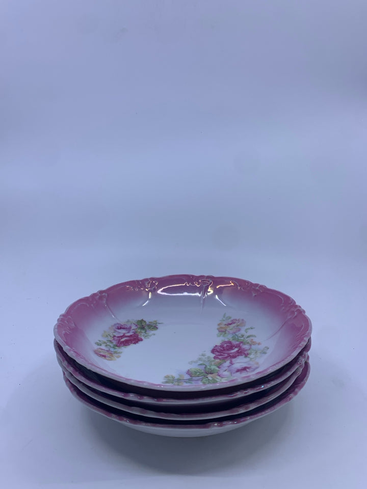 4 VTG PINK OMBRE FLORAL SHALLOW BOWLS.