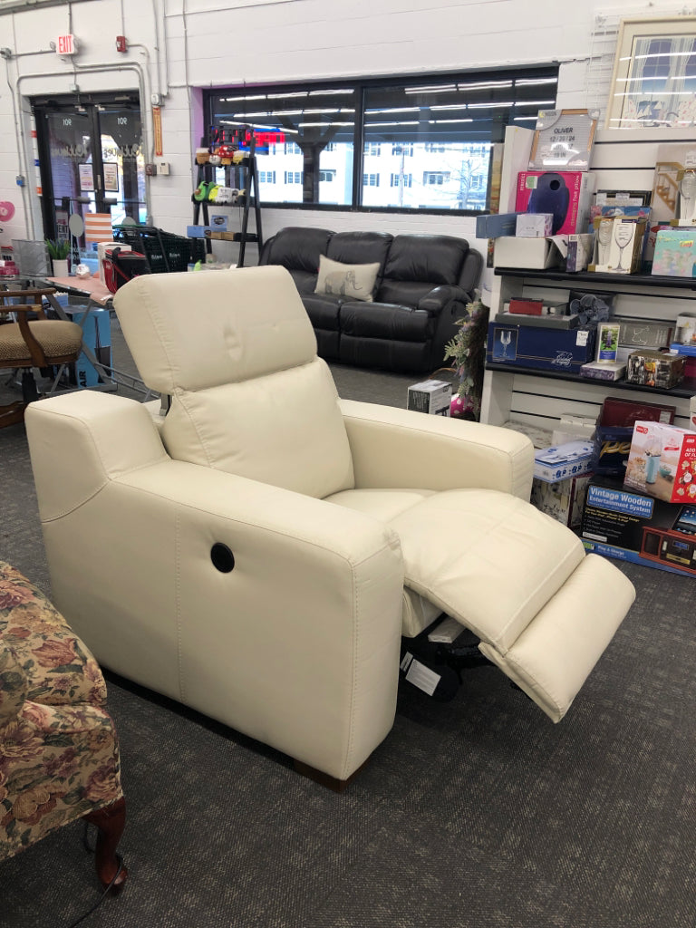 WHITE FAUX LEATHER RECLINER.