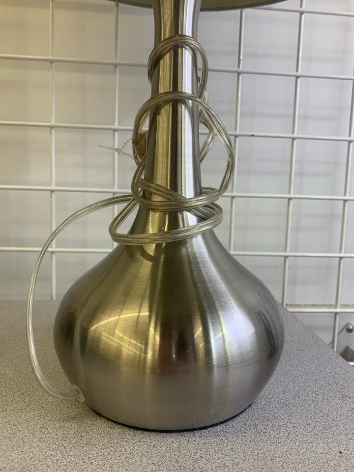 SILVER BASE LAMP W/GREY SHADE.