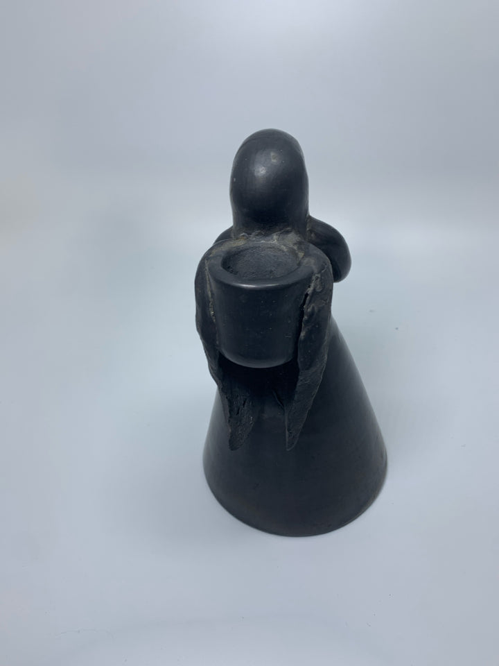 GREY GLAZED CLAY ANGEL PRAYING TAPERED CANDLE HOLDER.