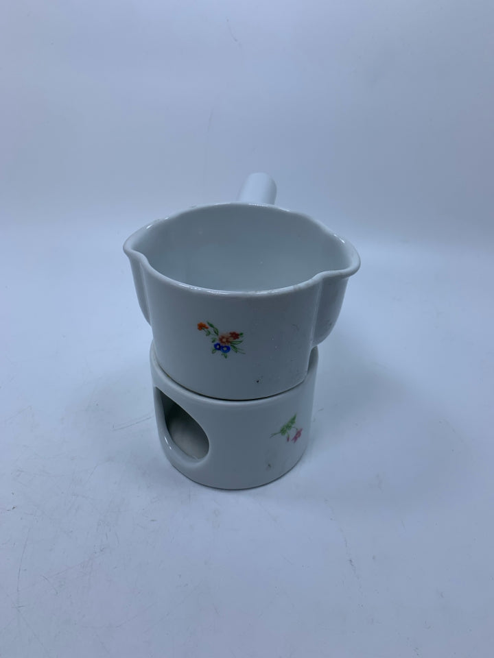 2 PC TEA LIGHT WARM W/ HEATING SAUCE POT FLORAL DETAILS.