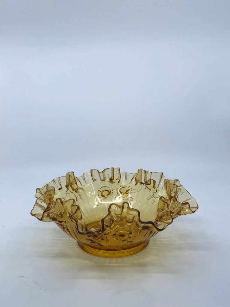 VTG AMBER GLASS BOWL W/ EMBOSSED FLOWERS RUFFLED EDGE.