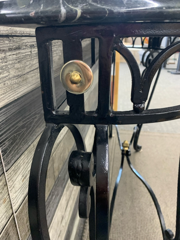 BLACK WROUGHT IRON BLACK MARBLE TOP CONSOLE TABLE.
