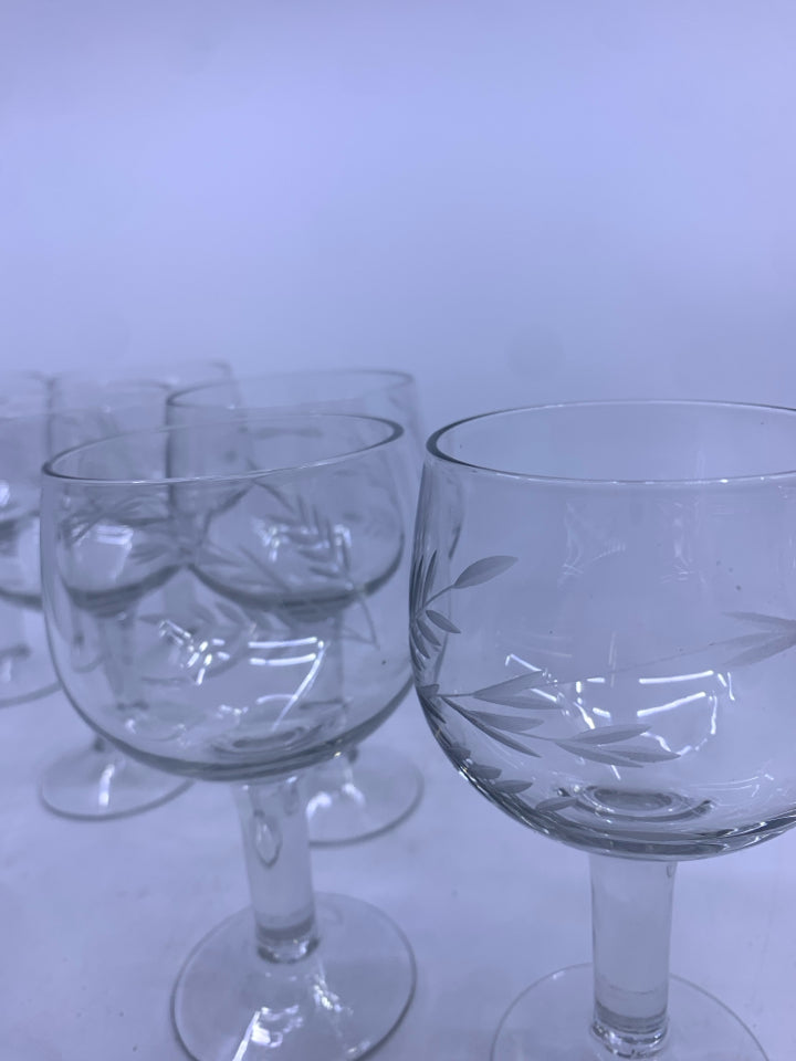 6 VTG  ETCHED WHEAT WINE GLASSES.