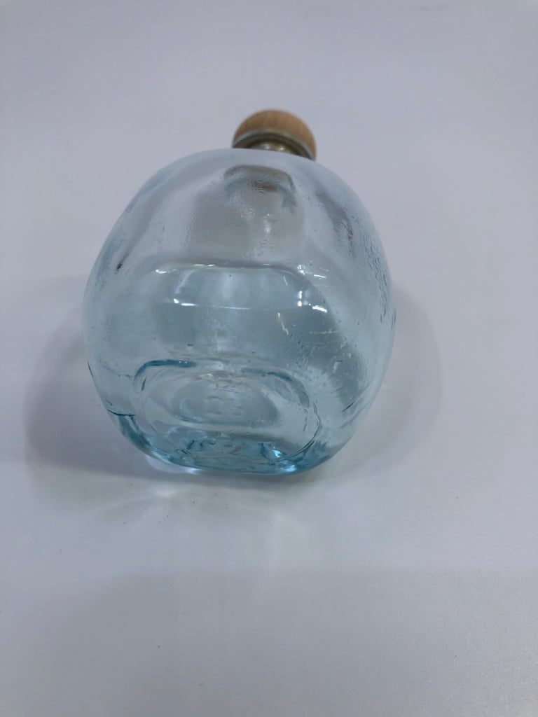 SM BLUE GLASS CONTAINER W/WOOD POP TOP.