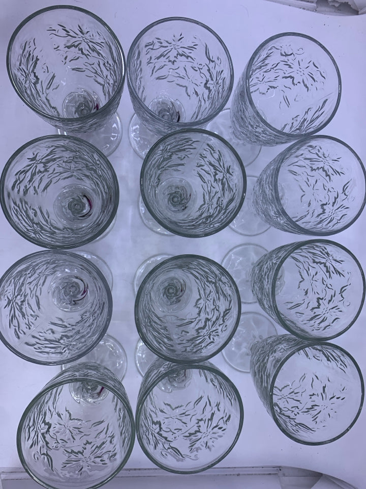 12 CLEAR GLASS WINE GLASSES W/ POINSETTIA.