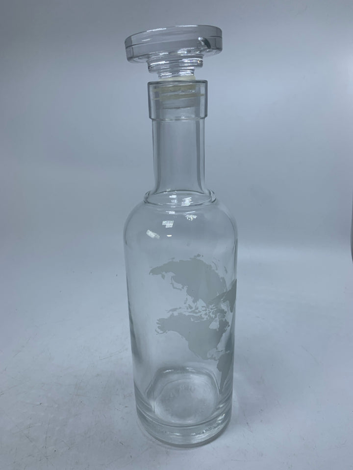 GLASS DECANTER W/ FROSTED WORLD MAP.