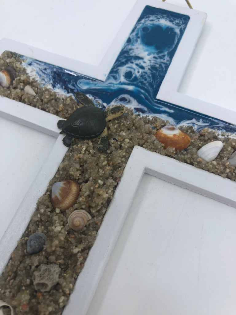 BEACH W SEA TURTLE CROSS WALL HANGING.