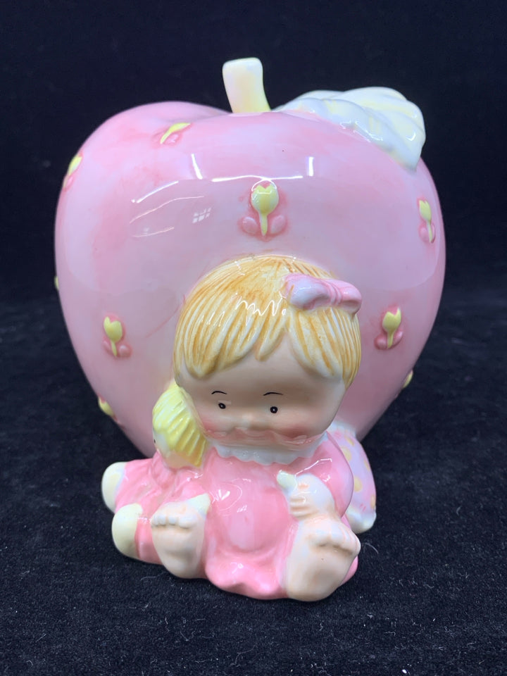 PINK APPLE PIGGY BANK W LITTLE GIRL.