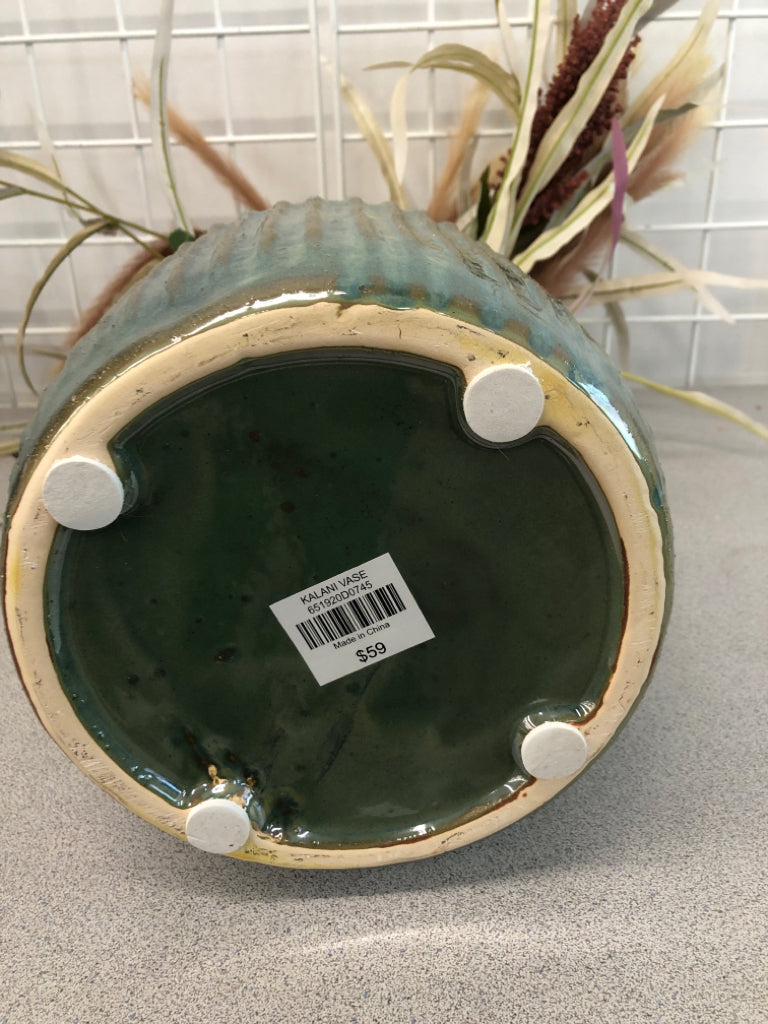 LARGE TEAL IRIDESCENT RIBBED BOTTOM VASE W/ FAUX FILLER.