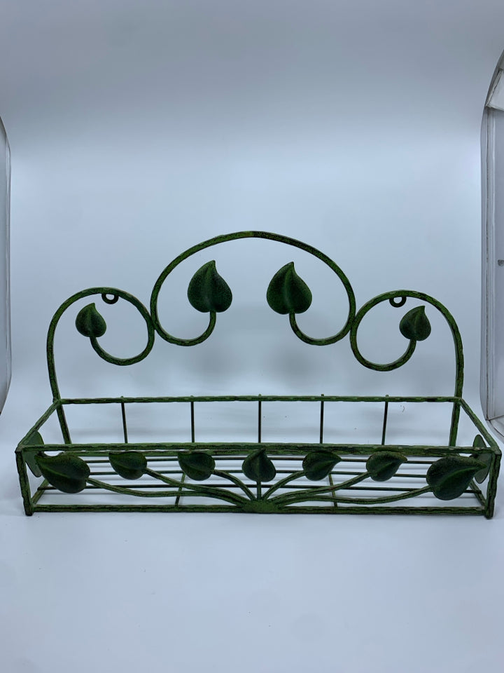 GREEN METAL LEAF SCROLL BASKET.