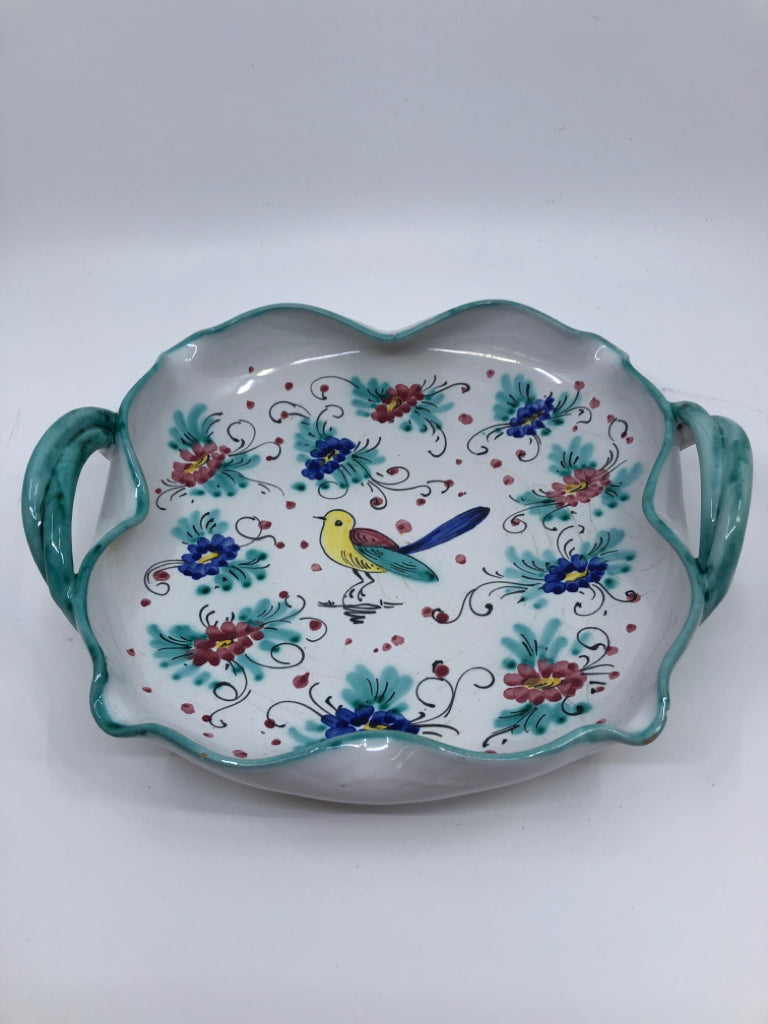 POTTERY PLATTER WHITE/AQUA WITH BIRDS HANDLE MADE IN ITALY.