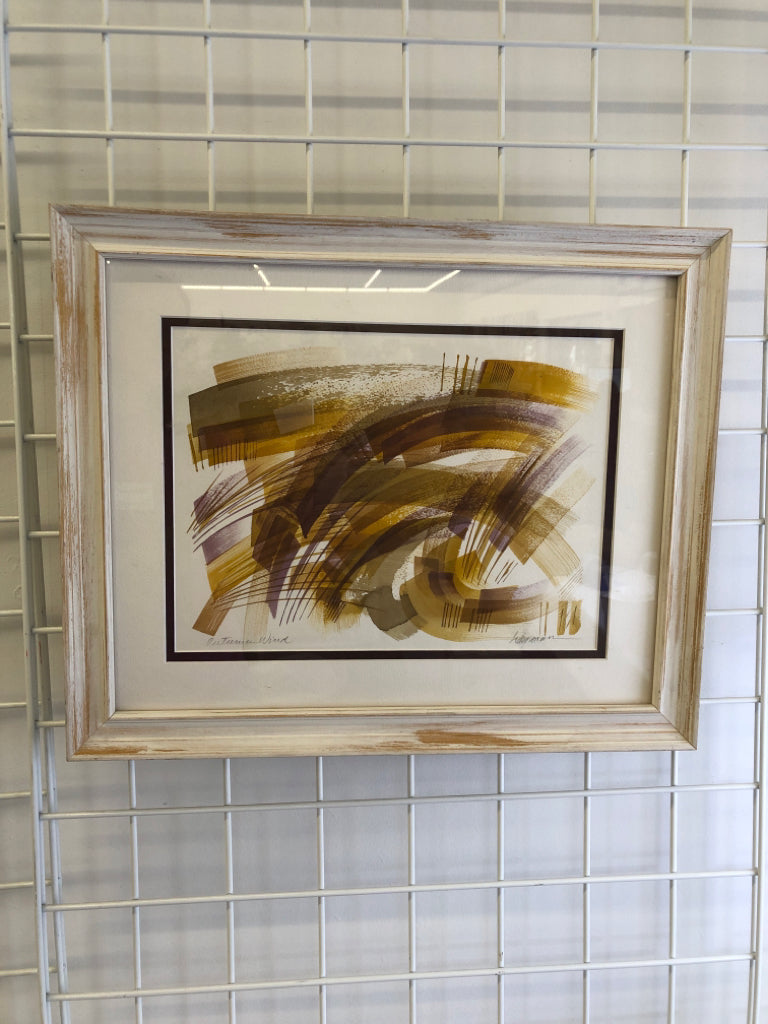 ABSTRACT PURPLE/DARK YELLOW LINES IN WHITE WASHED FRAME.