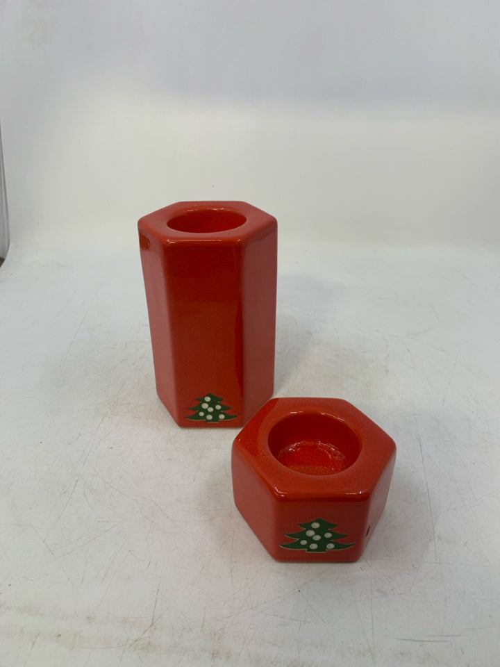 2 WAECHTERSBACH CHRISTMAS TREE RED CERAMIC TEA LIGHT HOLDERS HEXAGON SHAPE.