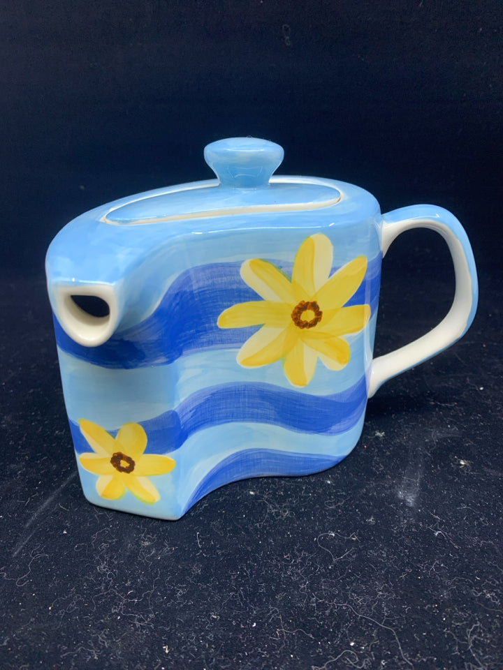 4 PC HERMAN DODGE & SON TEAPOT,CUP+SAUCER, CREAMER, PLATE- BLUE W/ YELLOW FLOWER