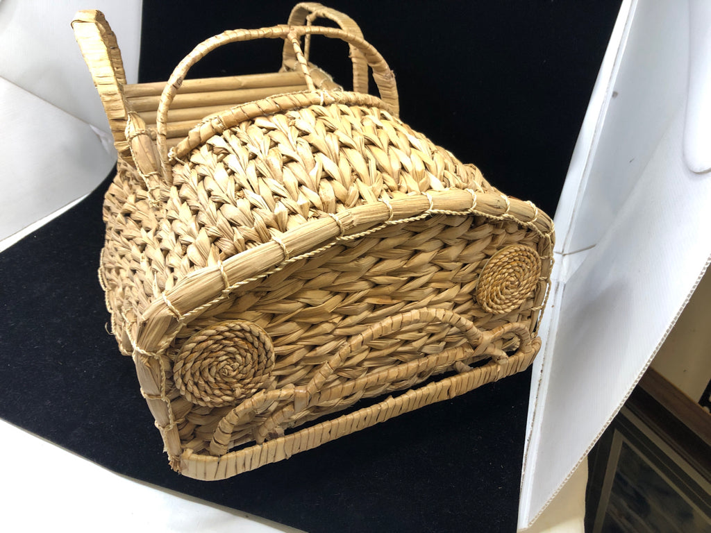 WICKER CAR W/ STEERING WHEEL & HANDLES.