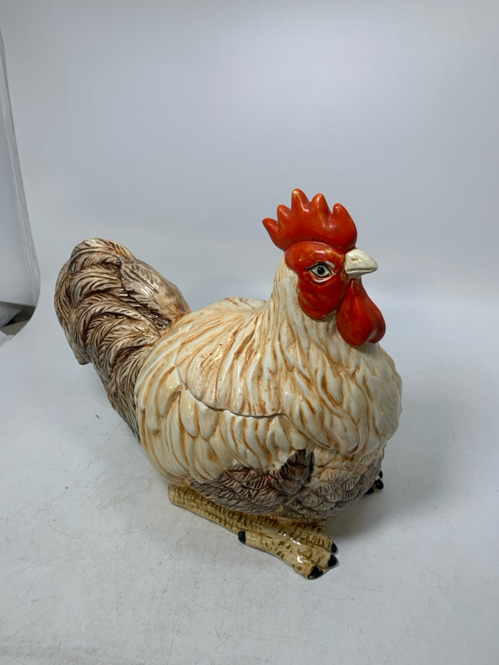 CERAMIC ROOSTER W/ CLUCKING NOISE MAKING LID COOKIE JAR.