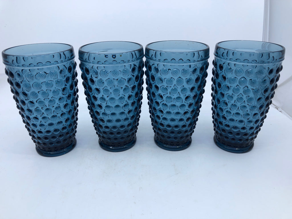 4 HOBBNAILED BLUE WATER GLASSES.