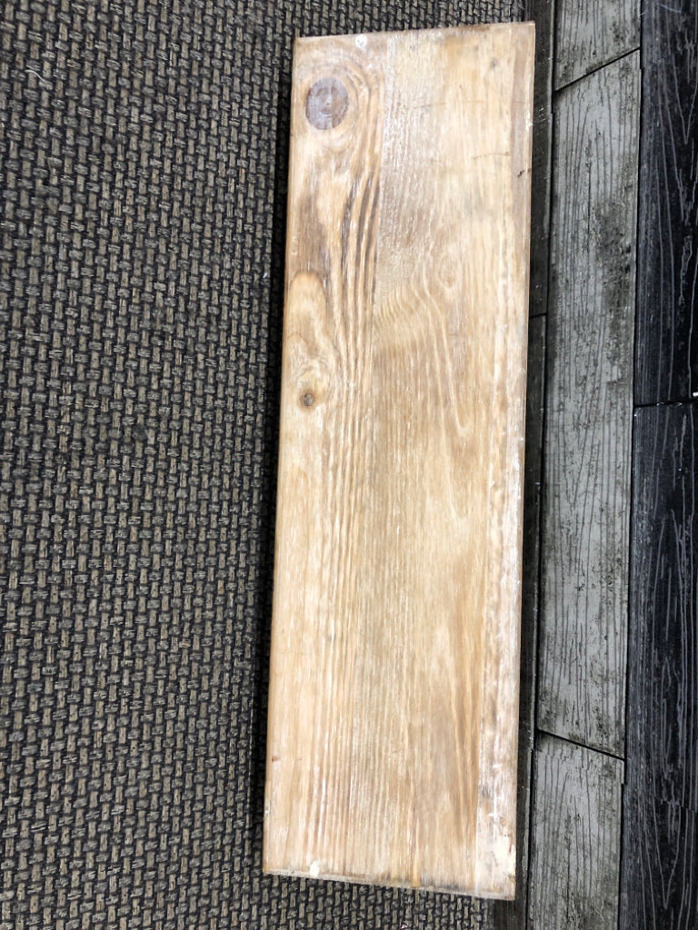 WOOD WALL SHELF WITH METAL BOTTOM ACCENT.