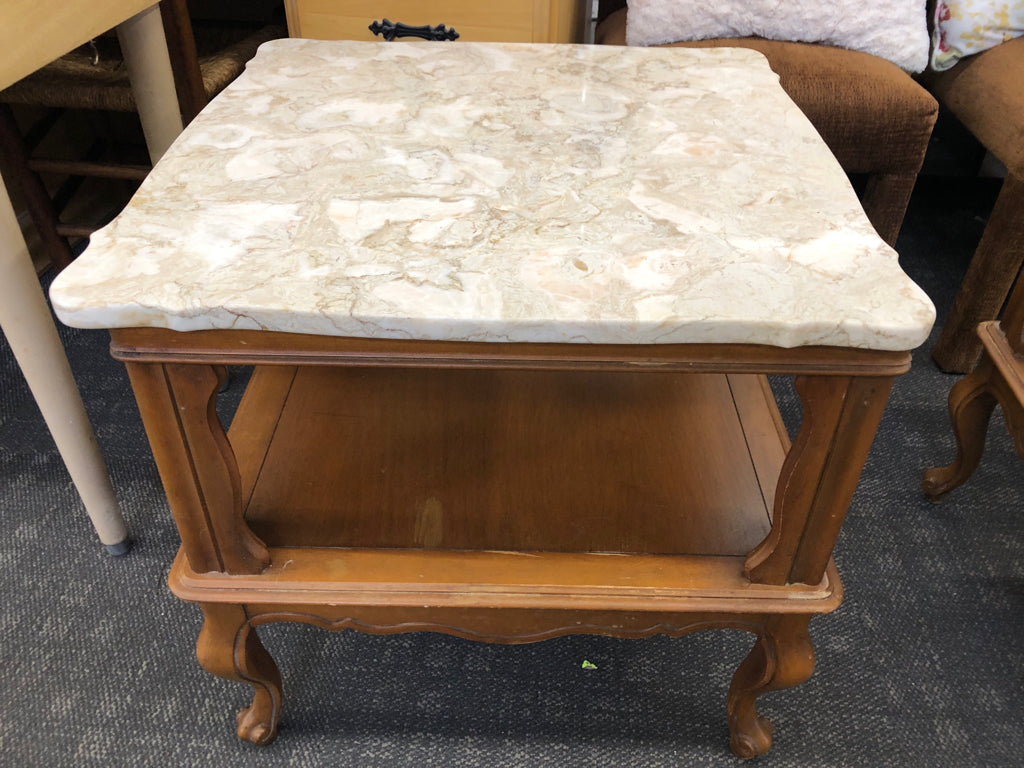 VTG WOOD SQUARE SIDE TABLE W MARBLE TOP AND BOTTOM SHELF.