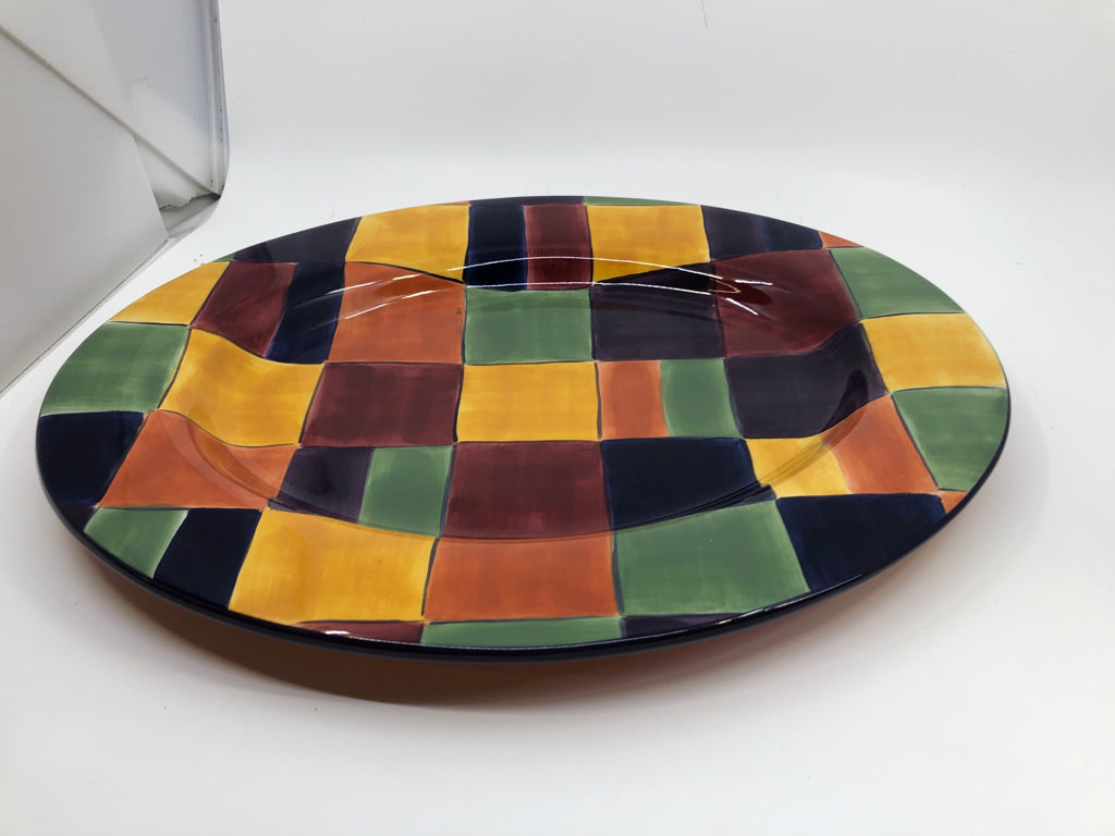 RED AND PURPLE CHECKERED OVAL PLATTER.