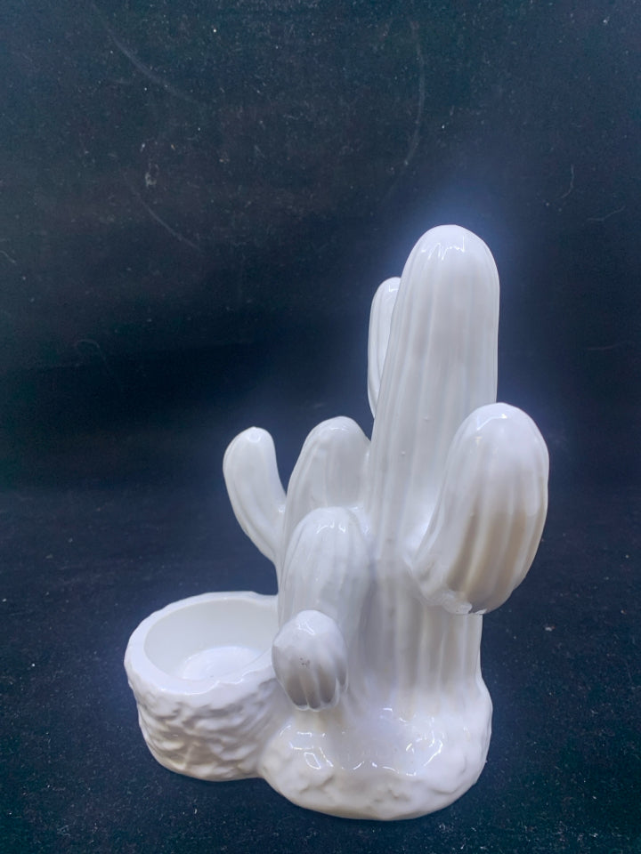 WHITE CERAMIC CACTUS TEA LIGHT HOLDER.