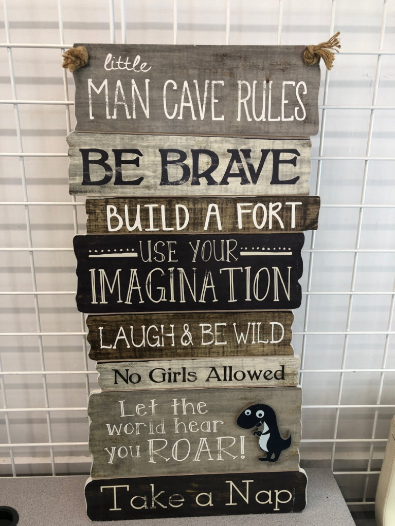LITTLE MAN CAVE RULES HANGING WOOD SIGN.
