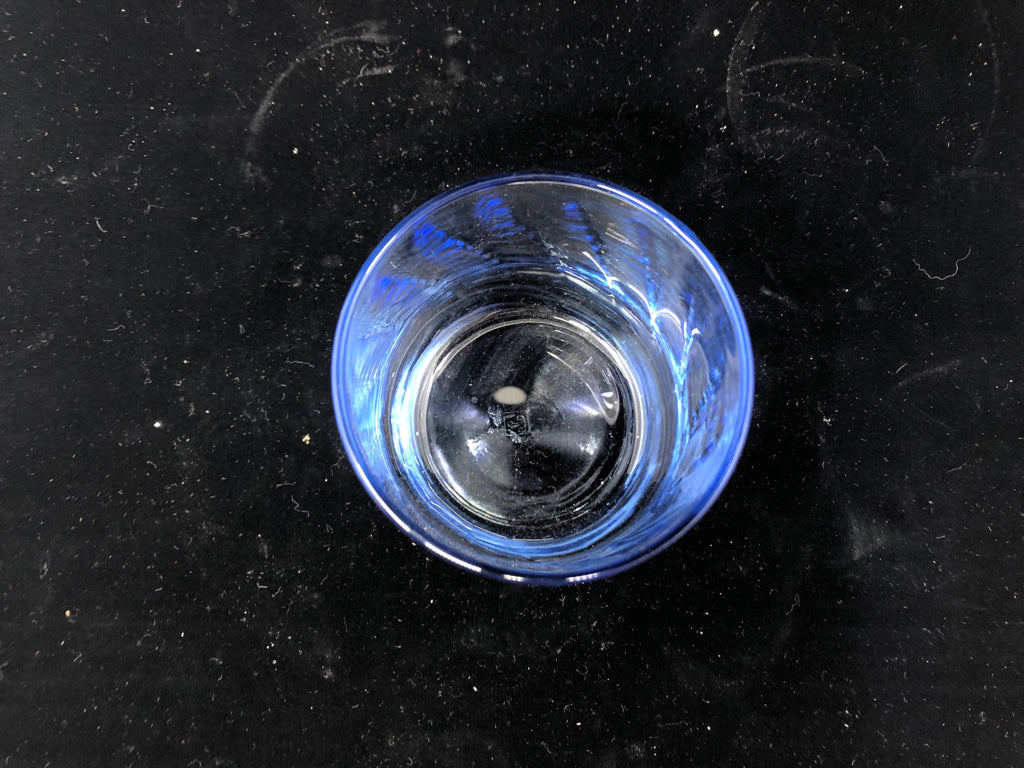 4 SHORT BLUE TINTED WATER GLASSES.