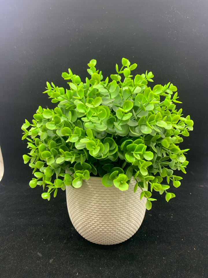 FAUX GREEN IN WHITE PLANTER.