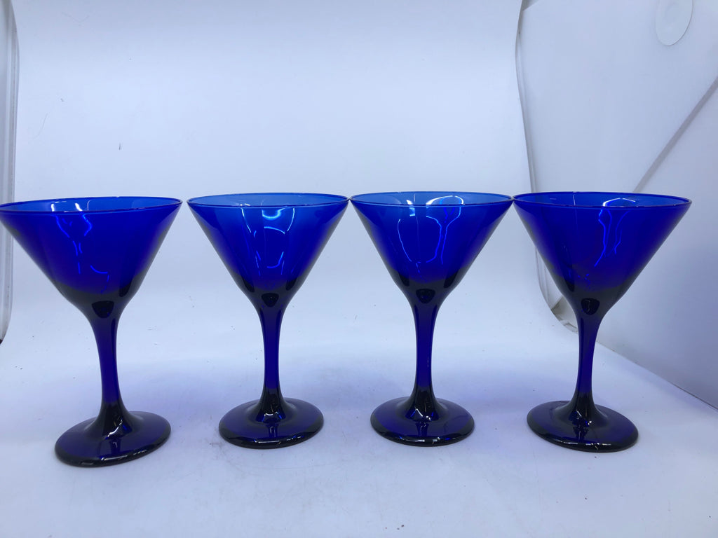 4 COBALT BLUE MARTINI GLASSES.