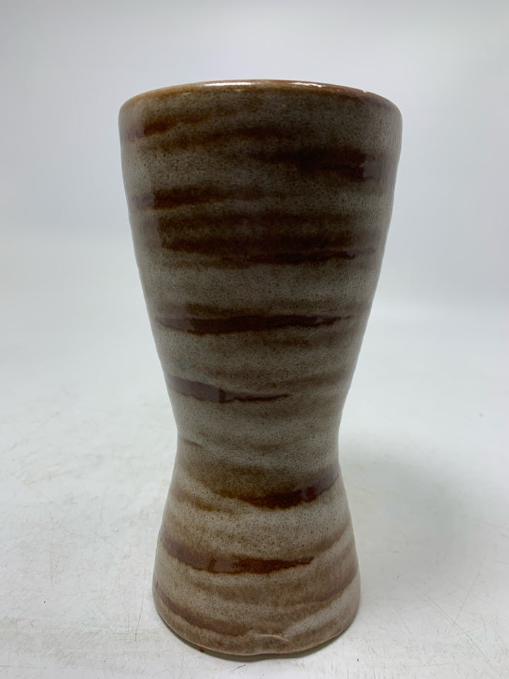 DARK BROWN/TAN STRIPED POTTERY VASE.