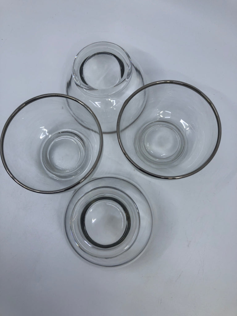 4 DESSERT GLASSES W SILVER RIM.