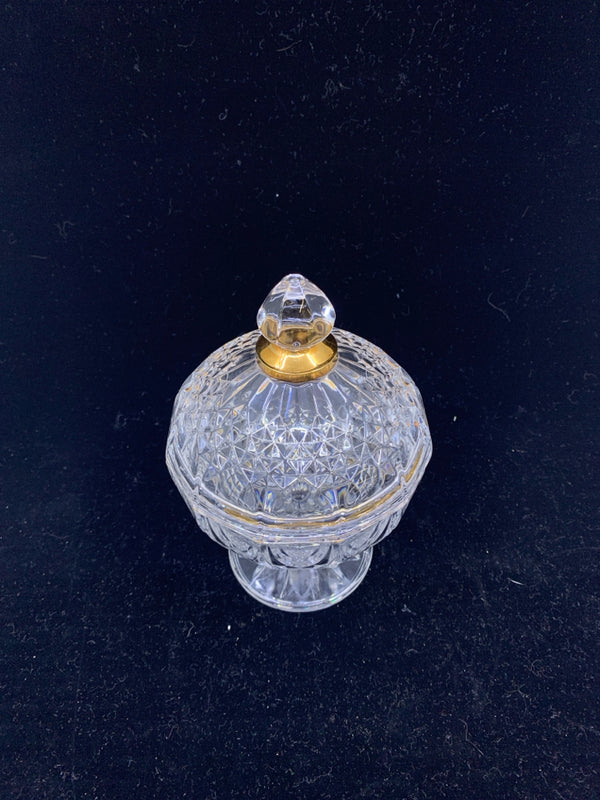 CUT GLASS FOOTED CANDY DISH W/ COVER GOLDEN ACCENTS.