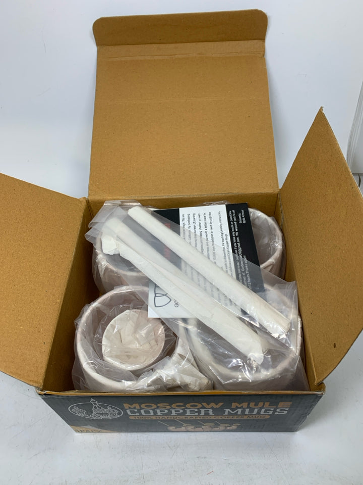 NIB 9 PC SVC 4 HAMMERED COPPER MOSCOW MULE MUGS STRAWS & JIGGER.