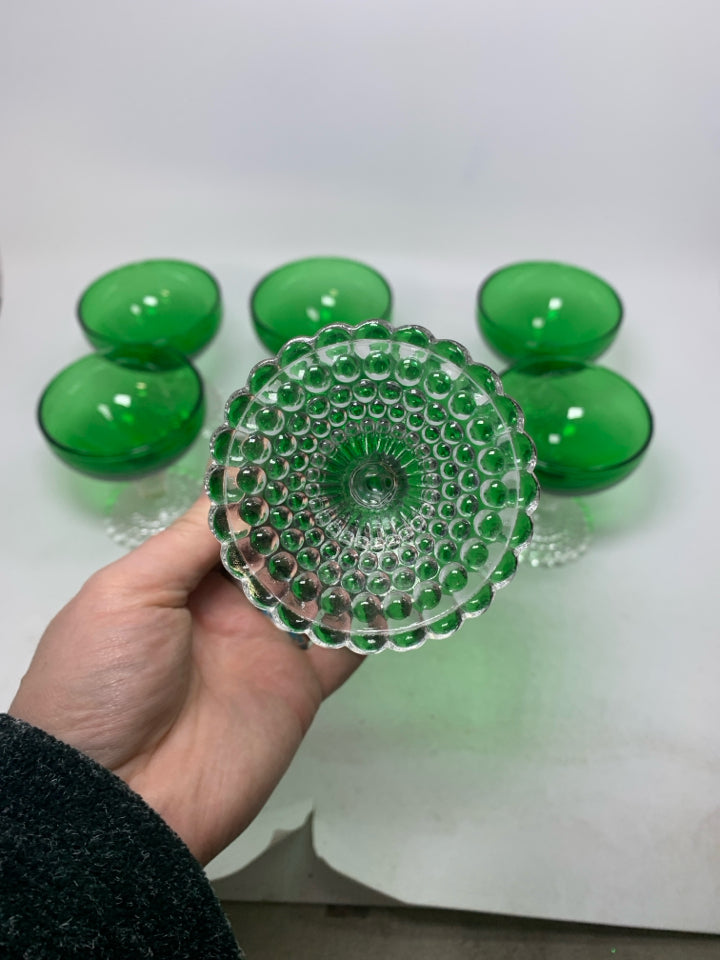 7 VTG BOOPIE BUBBLE FOREST GREEN SHERBET GLASSES.