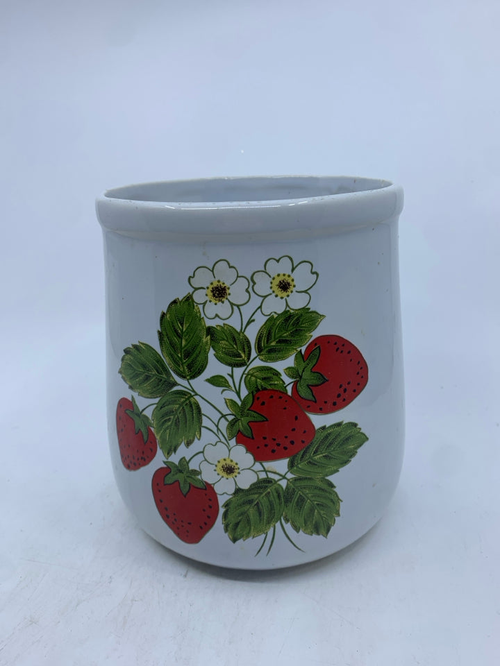 VTG WHITE PAINTED STRAWBERRY UTENSIL CROCK.