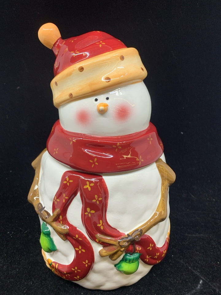 SNOWMAN COOKIE JAR W/ MAROON SCARF+HAT.
