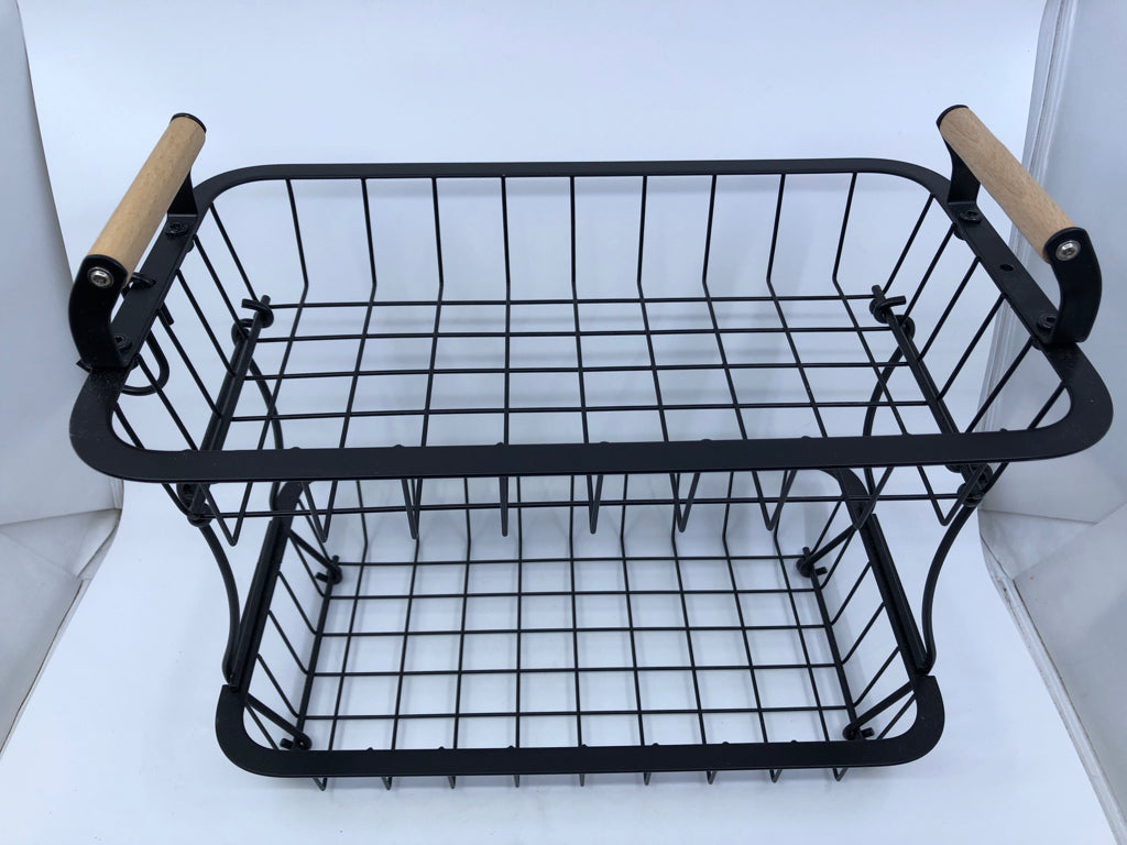 BLACK WIRE 2 TIER FRUIT HOLDER W/WOOD HANDLES & BANANA HOOK.