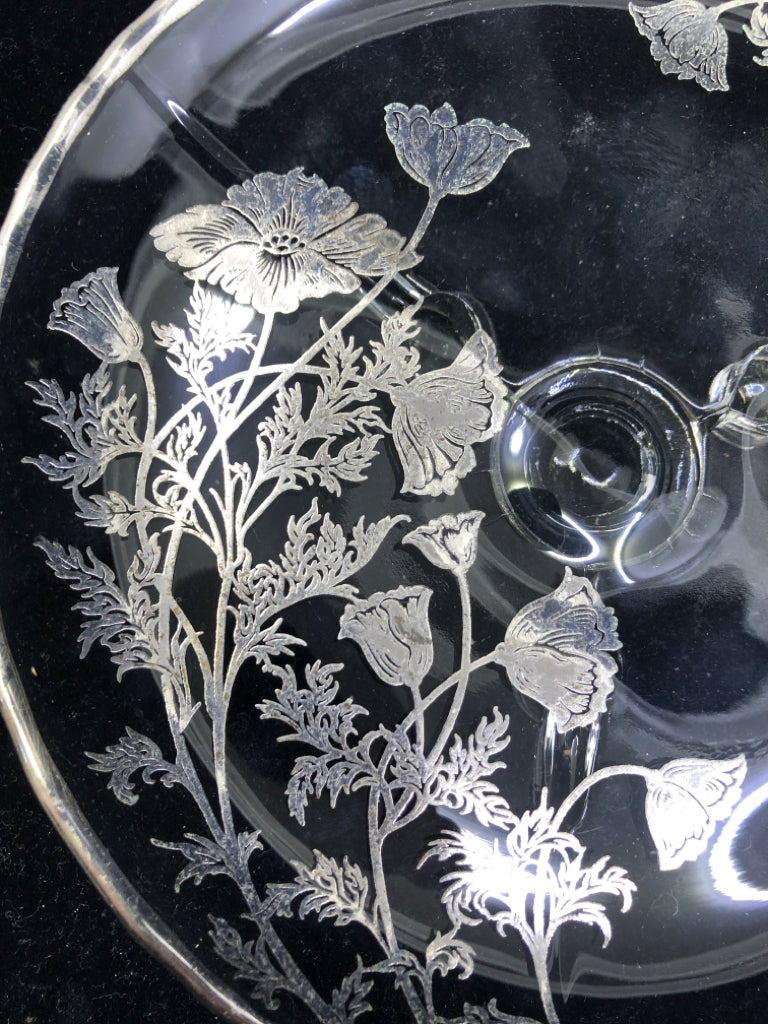 VTG FOOTED FLORAL SILVER ON GLASS SERVER.