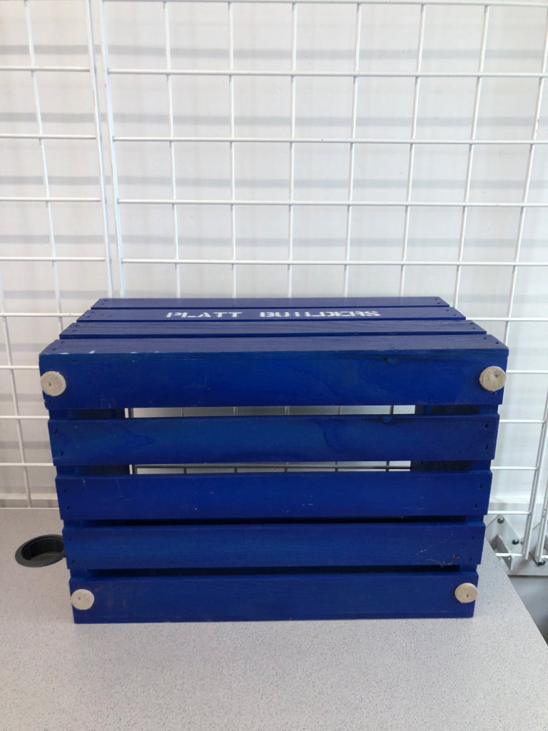 BLUE WOODEN CRATE.
