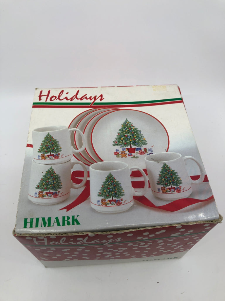 HOLIDAY 8PC SNACK CHRISTMAS TREE SET - 4 PLATES, 4 MUGS.