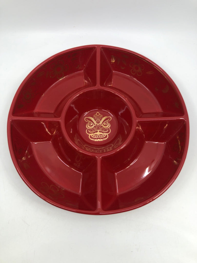 RED DIVIDED ASIAN STYLE SERVING BOWL.