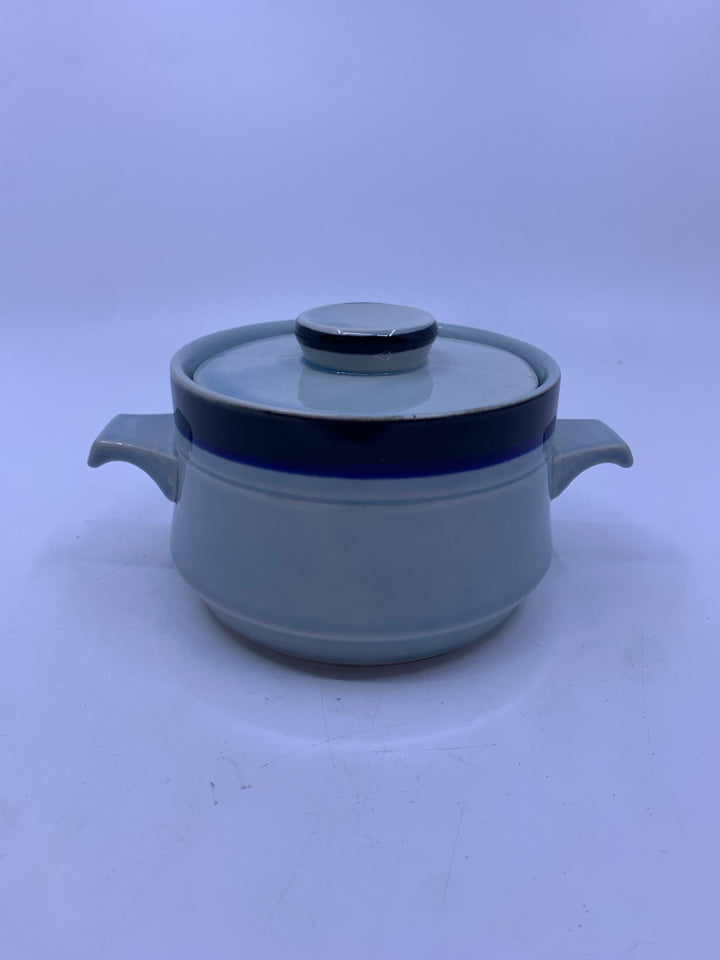 VTG BLUE W BLACK STRIPE SOUP CROCK.