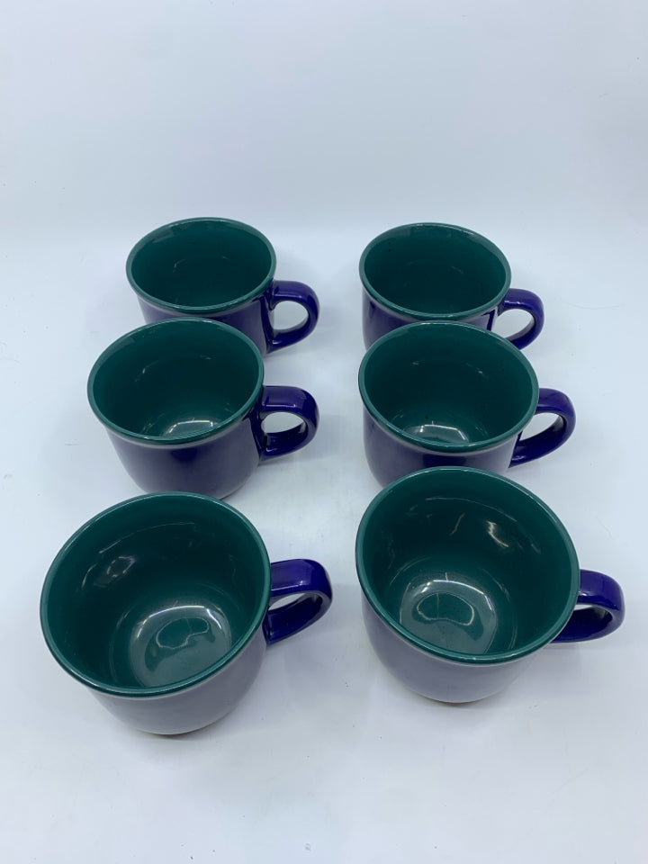 6 BLUE MUGS W GREEN INSIDE.