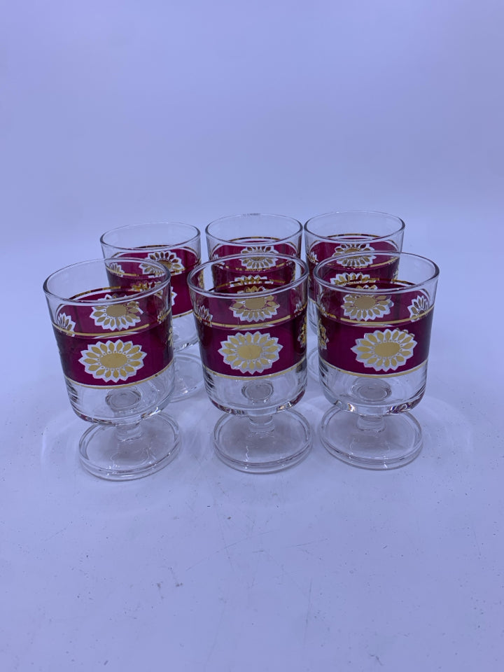 6 VTG SMALL FOOTED LIQUOR GLASSES W RED+ GOLD DETAILS.